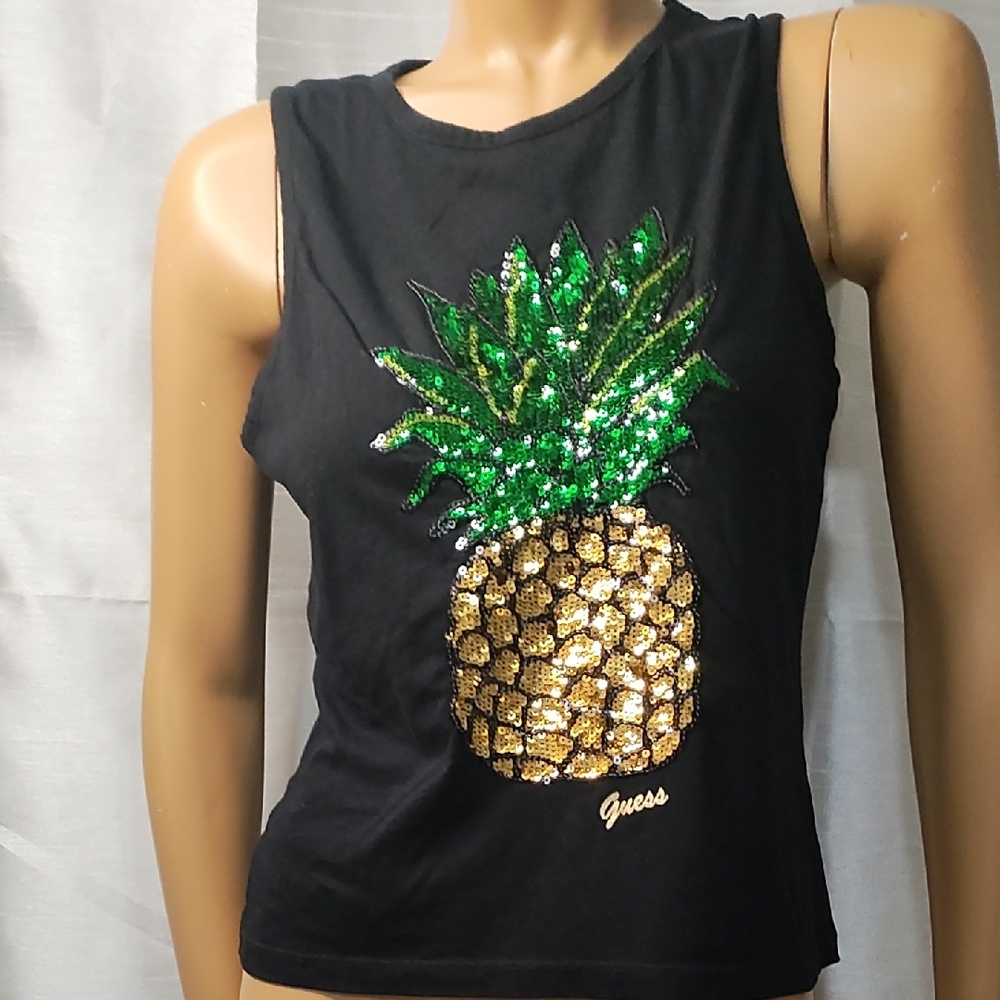 Guess Black and Gold Graphic Sequin Muscle Tee